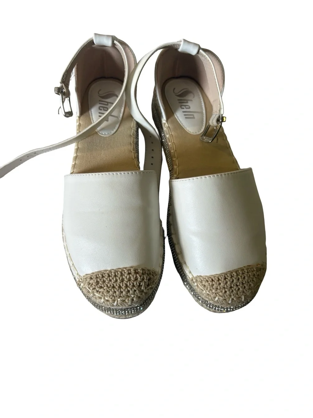 SHEIN Cream Espadrille Ankle-Strap Flats with Natural Woven Toe